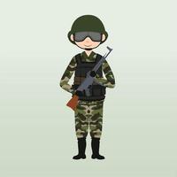 soldado del ejército, hombres, con uniforme de combate de camuflaje saludando. lindo estilo de dibujos animados planos. vector de caracteres del ejército o soldado. soldado vigila en guardia. guardabosques en la frontera.