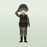 soldado del ejército, hombres, con uniforme de combate de camuflaje saludando. lindo estilo de dibujos animados planos. vector de caracteres del ejército o soldado. soldado vigila en guardia. guardabosques en la frontera.