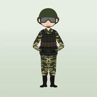 soldado del ejército, hombres, en uniforme de combate de camuflaje saludando. lindo estilo de dibujos animados planos. vector de caracteres del ejército o soldado. soldado vigila en guardia. guardabosques en la frontera.