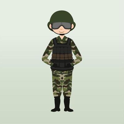 Army soldier, men , in camouflage combat uniform saluting. Cute flat cartoon style. Army or soldier character vector. Soldier keeps watch on guard. Rangers on border.