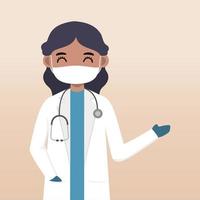 Front view doctor character. Doctor character creation set with face emotion, pose and gesture. Cartoon style, flat vector illustration.Female doctor using mask. finger pointing up, holding clipboard.