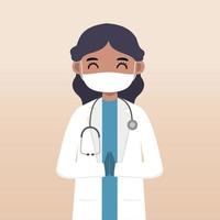 Front view doctor character. Doctor character creation set with face emotion, pose and gesture. Cartoon style, flat vector illustration.Female doctor using mask. finger pointing up, holding clipboard.