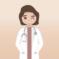 Front view doctor character. Doctor character creation set with face emotions, poses and gestures. Cartoon style, flat vector illustration.Female doctor. finger pointing up, holding clipboard.