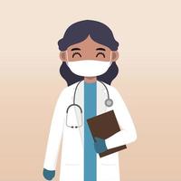 Front view doctor character. Doctor character creation set with face emotion, pose and gesture. Cartoon style, flat vector illustration.Female doctor using mask. finger pointing up, holding clipboard.