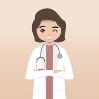 personaje médico de vista frontal. conjunto de creación de personajes médicos con emociones faciales, poses y gestos. estilo de dibujos animados, ilustración de vector plano. doctora. dedo apuntando hacia arriba, sosteniendo el portapapeles.