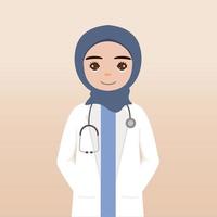 vista frontal del personaje del doctor hijab. la creación de personajes médicos enfrenta emociones, poses y gestos. estilo de dibujos animados, ilustración vectorial plana. dedo médico hijab femenino apuntando hacia arriba, sosteniendo el portapapeles. vector