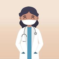 Front view doctor character. Doctor character creation set with face emotion, pose and gesture. Cartoon style, flat vector illustration.Female doctor using mask. finger pointing up, holding clipboard.