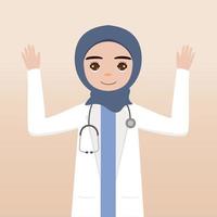 Front view hijab doctor character. Doctor character creation face emotions, pose and gesture. Cartoon style, flat vector illustration.Female hijab doctor finger pointing up, holding clipboard.