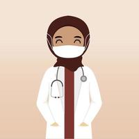 personaje médico hijab musulmán de vista frontal. creación de personajes médicos con vistas, emoción facial, pose, gesto y máscara. estilo de dibujos animados, ilustración vectorial plana. doctora con mascarilla vector