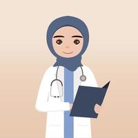 Front view hijab doctor character. Doctor character creation face emotions, pose and gesture. Cartoon style, flat vector illustration.Female hijab doctor finger pointing up, holding clipboard.