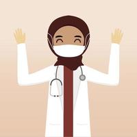 personaje médico hijab musulmán de vista frontal. creación de personajes médicos con vistas, emoción facial, pose, gesto y máscara. estilo de dibujos animados, ilustración vectorial plana. doctora con mascarilla vector