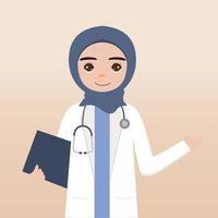 Front view hijab doctor character. Doctor character creation face emotions, pose and gesture. Cartoon style, flat vector illustration.Female hijab doctor finger pointing up, holding clipboard.