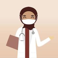 personaje médico hijab musulmán de vista frontal. creación de personajes médicos con vistas, emoción facial, pose, gesto y máscara. estilo de dibujos animados, ilustración vectorial plana. doctora con mascarilla vector