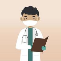 Front view doctor character using mask. Doctor character creation with face emotion, pose and gesture. Cartoon style, flat vector illustration. Male doctor finger pointing up, holding clipboard.