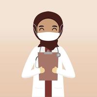 personaje médico hijab musulmán de vista frontal. creación de personajes médicos con vistas, emoción facial, pose, gesto y máscara. estilo de dibujos animados, ilustración vectorial plana. doctora con mascarilla vector