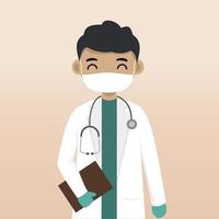 Front view doctor character using mask. Doctor character creation with face emotion, pose and gesture. Cartoon style, flat vector illustration. Male doctor finger pointing up, holding clipboard.