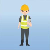 arquitecto, técnico y constructores e ingenieros y mecánicos y trabajadores de la construcción trabajo en equipo, personaje de dibujos animados de ilustración vectorial. ingeniero con casco de seguridad amarillo en obra. vector