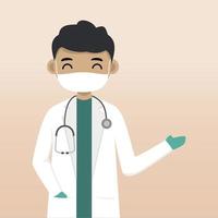 Front view doctor character using mask. Doctor character creation with face emotion, pose and gesture. Cartoon style, flat vector illustration. Male doctor finger pointing up, holding clipboard.