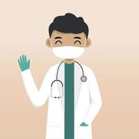 Front view doctor character using mask. Doctor character creation with face emotion, pose and gesture. Cartoon style, flat vector illustration. Male doctor finger pointing up, holding clipboard.