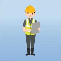 arquitecto, técnico y constructores e ingenieros y mecánicos y trabajadores de la construcción trabajo en equipo, personaje de dibujos animados de ilustración vectorial. ingeniero con casco de seguridad amarillo en obra. vector