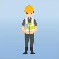 arquitecto, técnico y constructores e ingenieros y mecánicos y trabajadores de la construcción trabajo en equipo, personaje de dibujos animados de ilustración vectorial. ingeniero con casco de seguridad amarillo en obra. vector