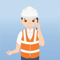 arquitecto, técnico y constructores e ingenieros y mecánicos y trabajadores de la construcción trabajo en equipo, personaje de dibujos animados de ilustración vectorial. ingeniero con casco de seguridad blanco en obra. vector