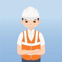 arquitecto, técnico y constructores e ingenieros y mecánicos y trabajadores de la construcción trabajo en equipo, personaje de dibujos animados de ilustración vectorial. ingeniero con casco de seguridad blanco en obra. vector