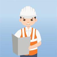 arquitecto, técnico y constructores e ingenieros y mecánicos y trabajadores de la construcción trabajo en equipo, personaje de dibujos animados de ilustración vectorial. ingeniero con casco de seguridad blanco en obra. vector