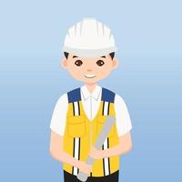 arquitecto, técnico y constructores e ingenieros y mecánicos y trabajadores de la construcción, personaje de dibujos animados de ilustración vectorial. ingeniero con casco de seguridad blanco y chaleco en obra. vector