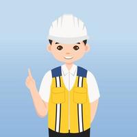 arquitecto, técnico y constructores e ingenieros y mecánicos y trabajadores de la construcción, personaje de dibujos animados de ilustración vectorial. ingeniero con casco de seguridad blanco y chaleco en obra. vector