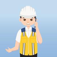 arquitecto, técnico y constructores e ingenieros y mecánicos y trabajadores de la construcción, personaje de dibujos animados de ilustración vectorial. ingeniero con casco de seguridad blanco y chaleco en obra. vector