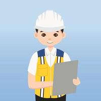 arquitecto, técnico y constructores e ingenieros y mecánicos y trabajadores de la construcción, personaje de dibujos animados de ilustración vectorial. ingeniero con casco de seguridad blanco y chaleco en obra. vector