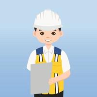 arquitecto, técnico y constructores e ingenieros y mecánicos y trabajadores de la construcción, personaje de dibujos animados de ilustración vectorial. ingeniero con casco de seguridad blanco y chaleco en obra. vector