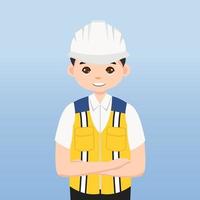 arquitecto, técnico y constructores e ingenieros y mecánicos y trabajadores de la construcción, personaje de dibujos animados de ilustración vectorial. ingeniero con casco de seguridad blanco y chaleco en obra. vector