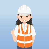 arquitecto, técnico y constructores e ingenieros y mecánicos y trabajadores de la construcción, personaje de dibujos animados de ilustración vectorial. mujer ingeniera con casco de seguridad blanco y chaleco en obra. vector