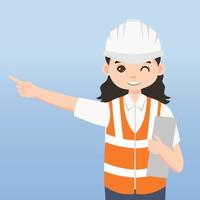 arquitecto, técnico y constructores e ingenieros y mecánicos y trabajadores de la construcción, personaje de dibujos animados de ilustración vectorial. mujer ingeniera con casco de seguridad blanco y chaleco en obra. vector