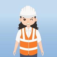 arquitecto, técnico y constructores e ingenieros y mecánicos y trabajadores de la construcción, personaje de dibujos animados de ilustración vectorial. mujer ingeniera con casco de seguridad blanco y chaleco en obra. vector