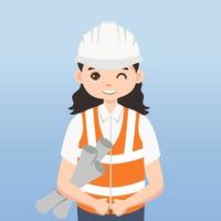 arquitecto, técnico y constructores e ingenieros y mecánicos y trabajadores de la construcción, personaje de dibujos animados de ilustración vectorial. mujer ingeniera con casco de seguridad blanco y chaleco en obra. vector