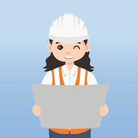 arquitecto, técnico y constructores e ingenieros y mecánicos y trabajadores de la construcción, personaje de dibujos animados de ilustración vectorial. mujer ingeniera con casco de seguridad blanco y chaleco en obra. vector