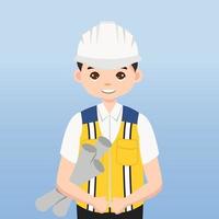 arquitecto, técnico y constructores e ingenieros y mecánicos y trabajadores de la construcción, personaje de dibujos animados de ilustración vectorial. ingeniero con casco de seguridad blanco y chaleco en obra. vector