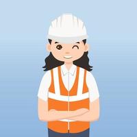 arquitecto, técnico y constructores e ingenieros y mecánicos y trabajadores de la construcción, personaje de dibujos animados de ilustración vectorial. mujer ingeniera con casco de seguridad blanco y chaleco en obra. vector