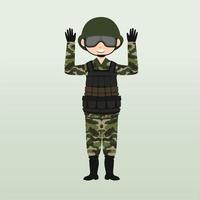 Army soldier, men , in camouflage combat uniform saluting. Cute flat cartoon style. Army or soldier character vector. Soldier keeps watch on guard. Rangers on border. vector