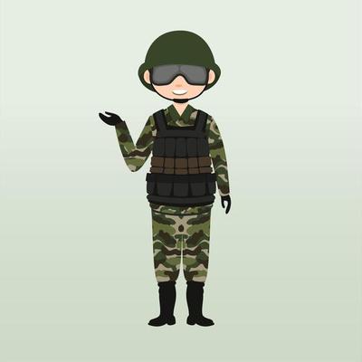 Army soldier, men , in camouflage combat uniform saluting. Cute flat cartoon style. Army or soldier character vector. Soldier keeps watch on guard. Rangers on border.