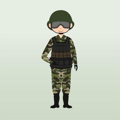 Army soldier, men , in camouflage combat uniform saluting. Cute flat cartoon style. Army or soldier character vector. Soldier keeps watch on guard. Rangers on border.