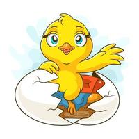 Cartoon chick waking up in an egg on a white background