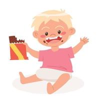 lindo bebé comiendo vector de dibujos animados de barra de chocolate