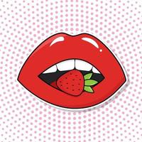 Vintage poster with lips holding a strawberry. Pop art style vector