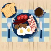 Breakfast with fried eggs, bacon, sausages and mushrooms. View from above. vector