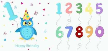 Vector birthday greeting card with owl and colorful balloons in shape of numbers from 0 to 9