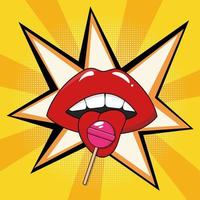 Vintage poster with lips and lollipop in pop art style. vector